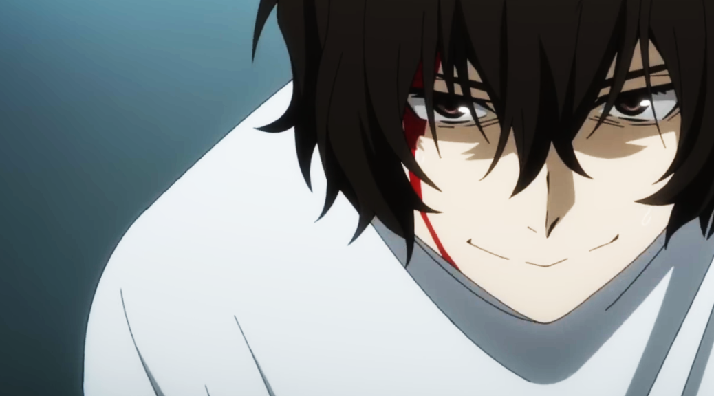 From the anime "Bungo Stray Dogs" is Dazai, a man with dark hair, wearing a white prison jumpsuit, crouched down with his eyes narrowed behind his bangs, blood dripping under his right eye from a cut, but with an exhausted smile as he stares at the viewer.